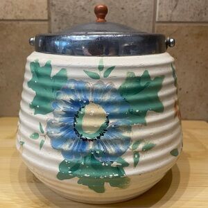 Bramley England 1940s Floral Ceramic Biscuit Jar with Metal Lid